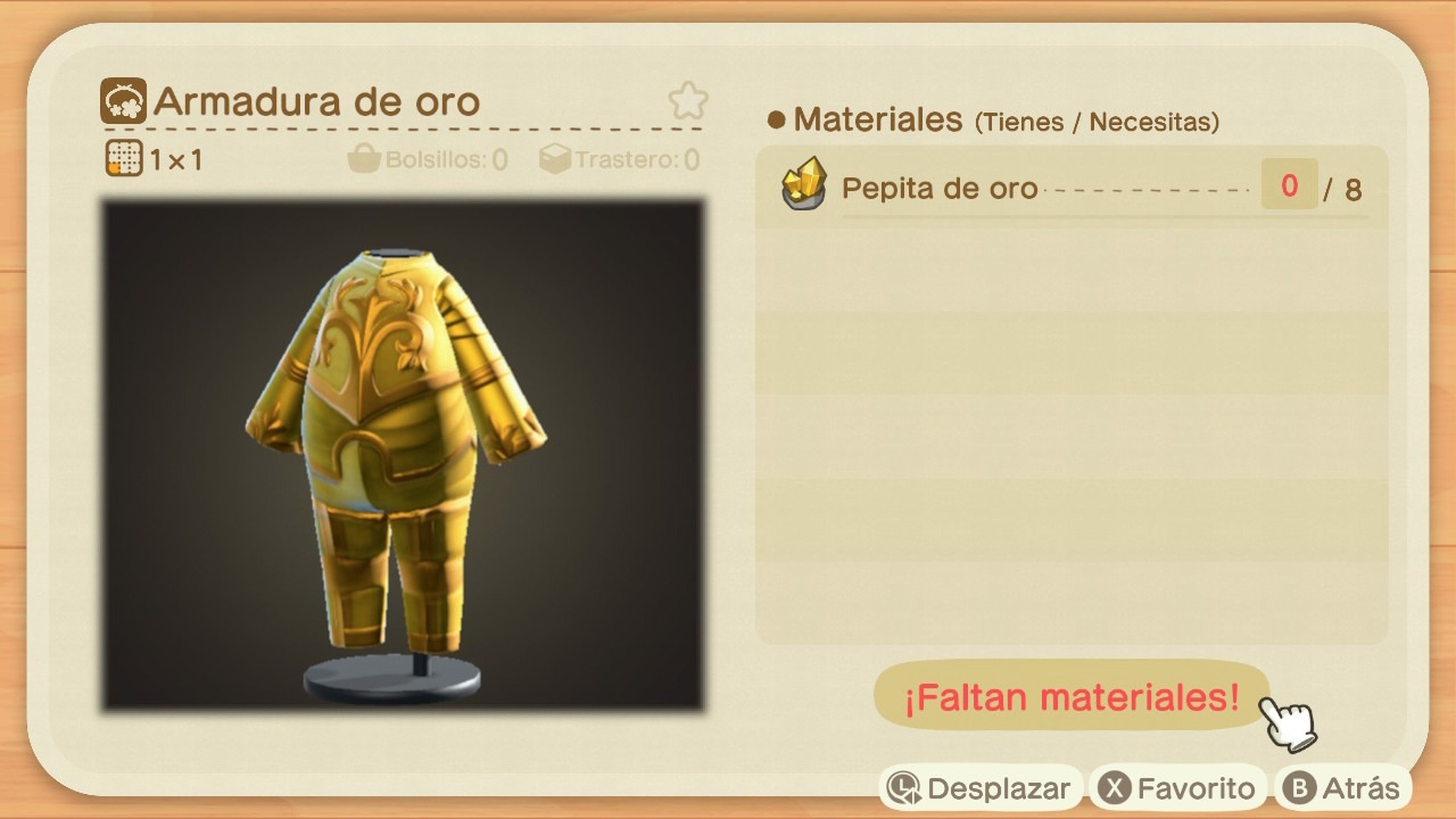 Animal Crossing New Horizons armadura oro
