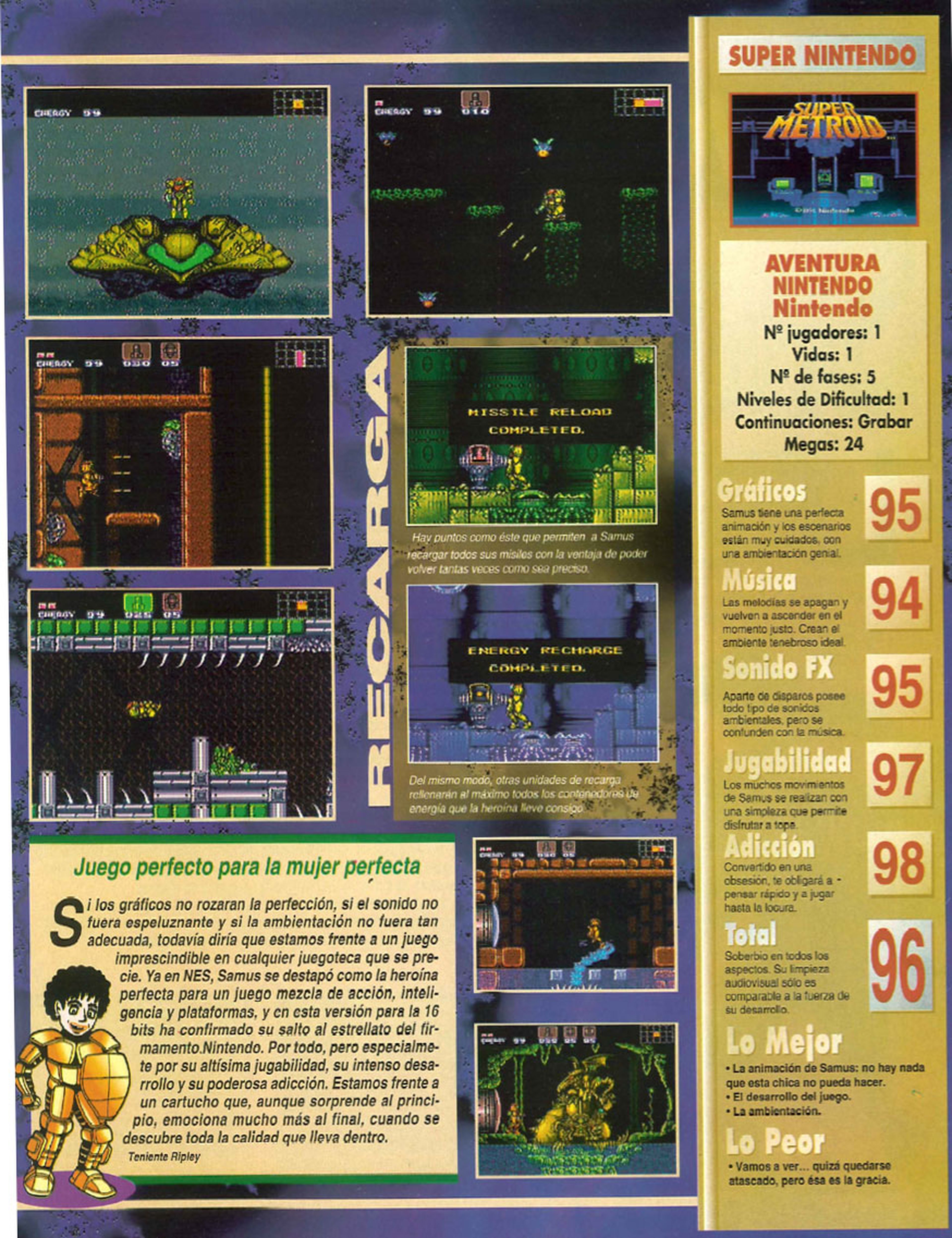 Ficha del análisis original de Super Metroid en Hobby Consolas
