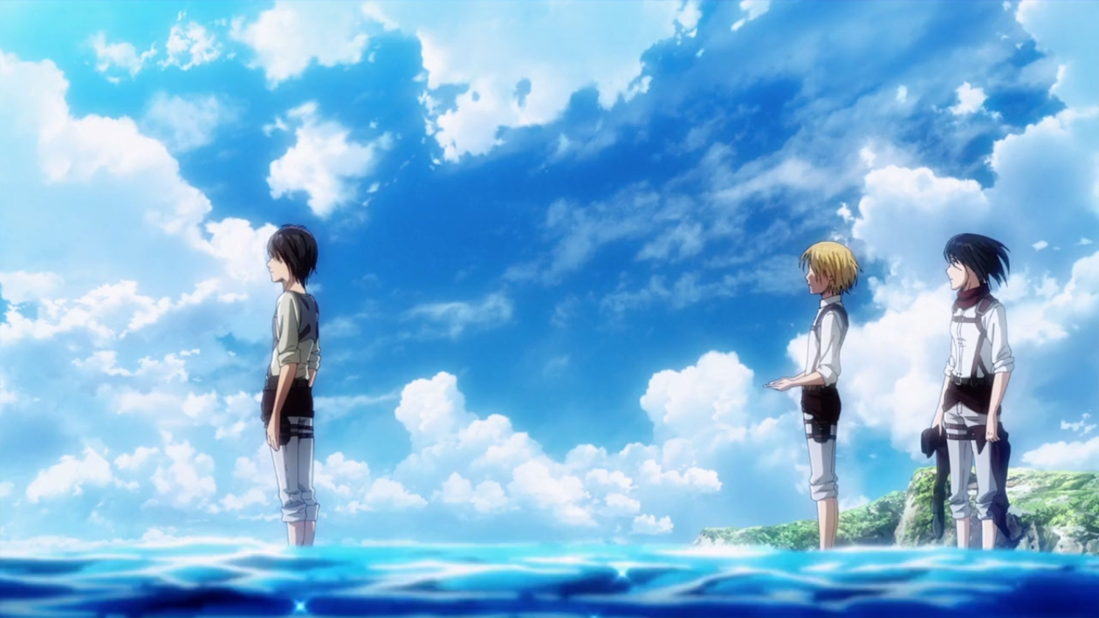 Ataque a los Titanes - Eren, Armin y Mikasa ven el mar por primera vez