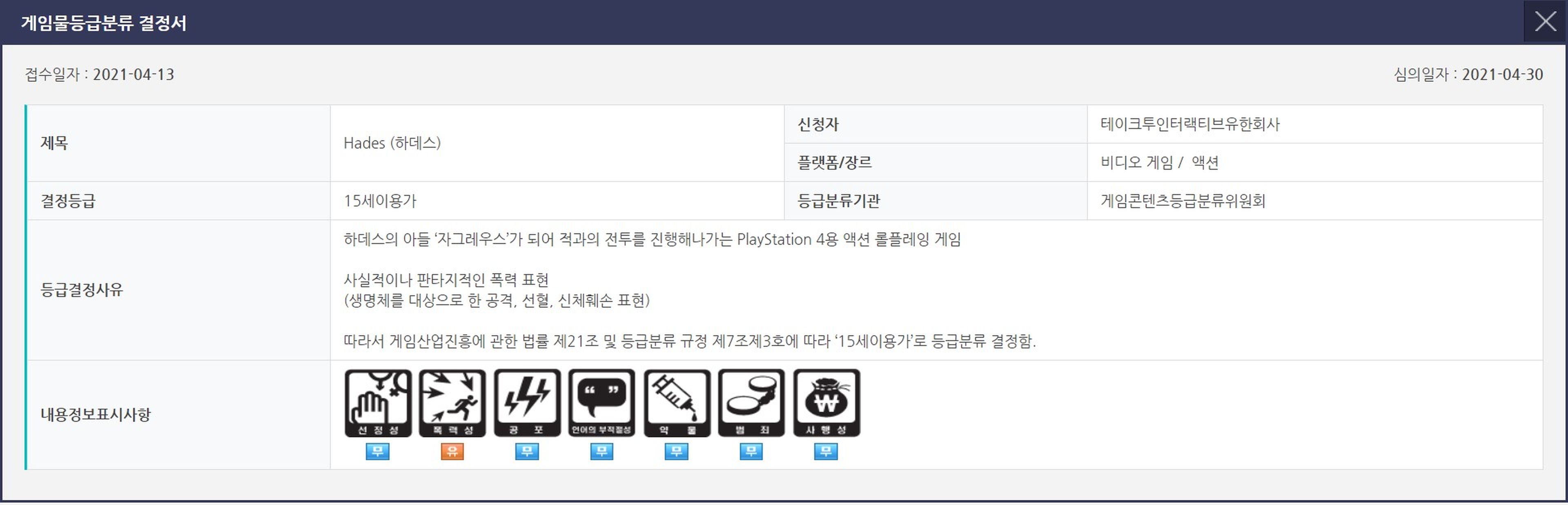 Hades para PS4 Clasificado en Corea