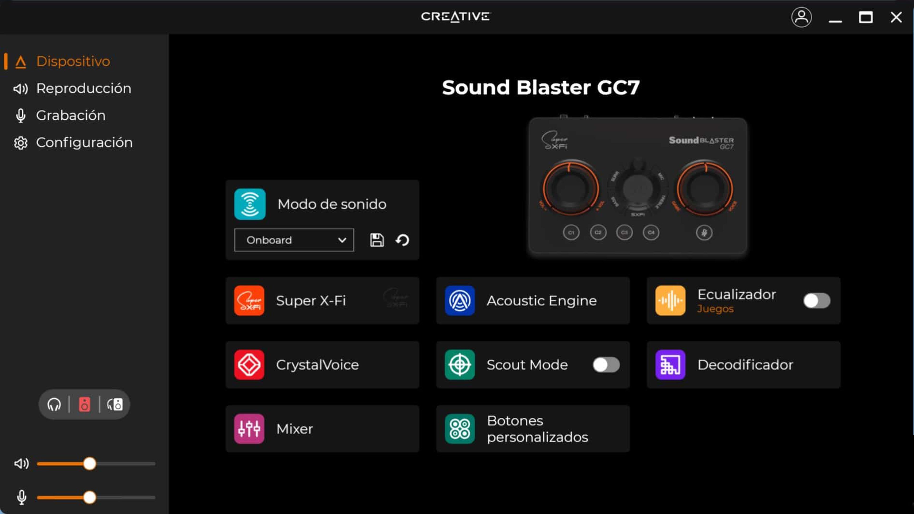 Creative Sound Blaster GC7 aplicación - opciones