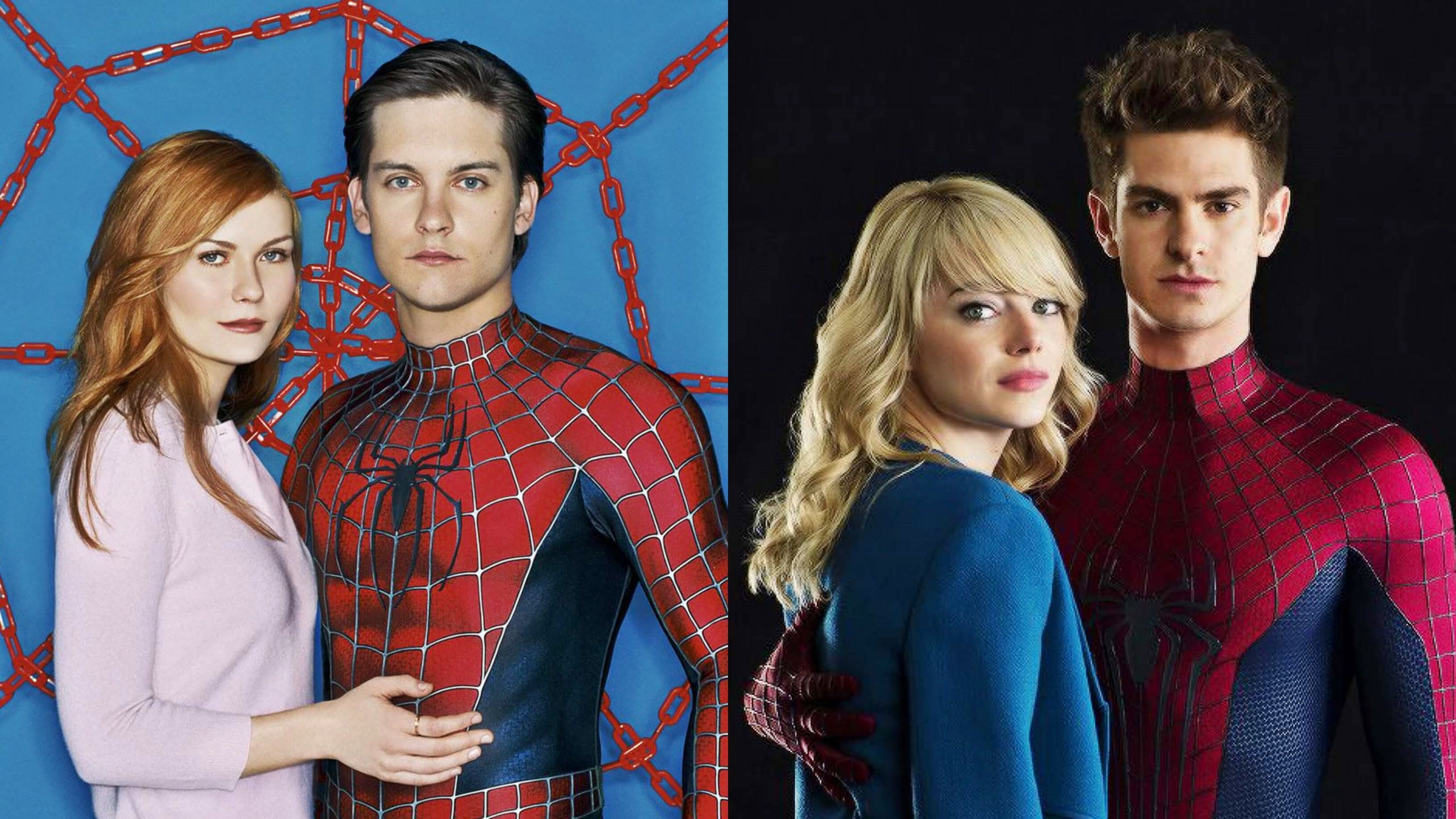 Kirsten Dunst, Tobey Maguire, Emma Stone y Andrew Garfield en sus respectivas versiones cinematográficas de Spider-Man