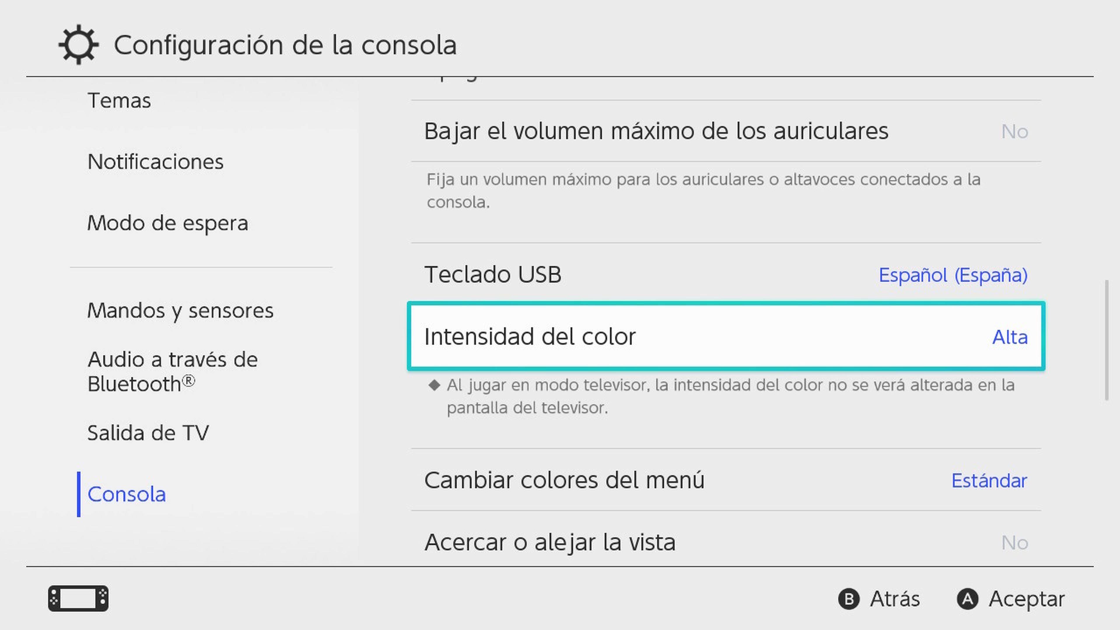 Intensidad color Nintendo Switch OLED