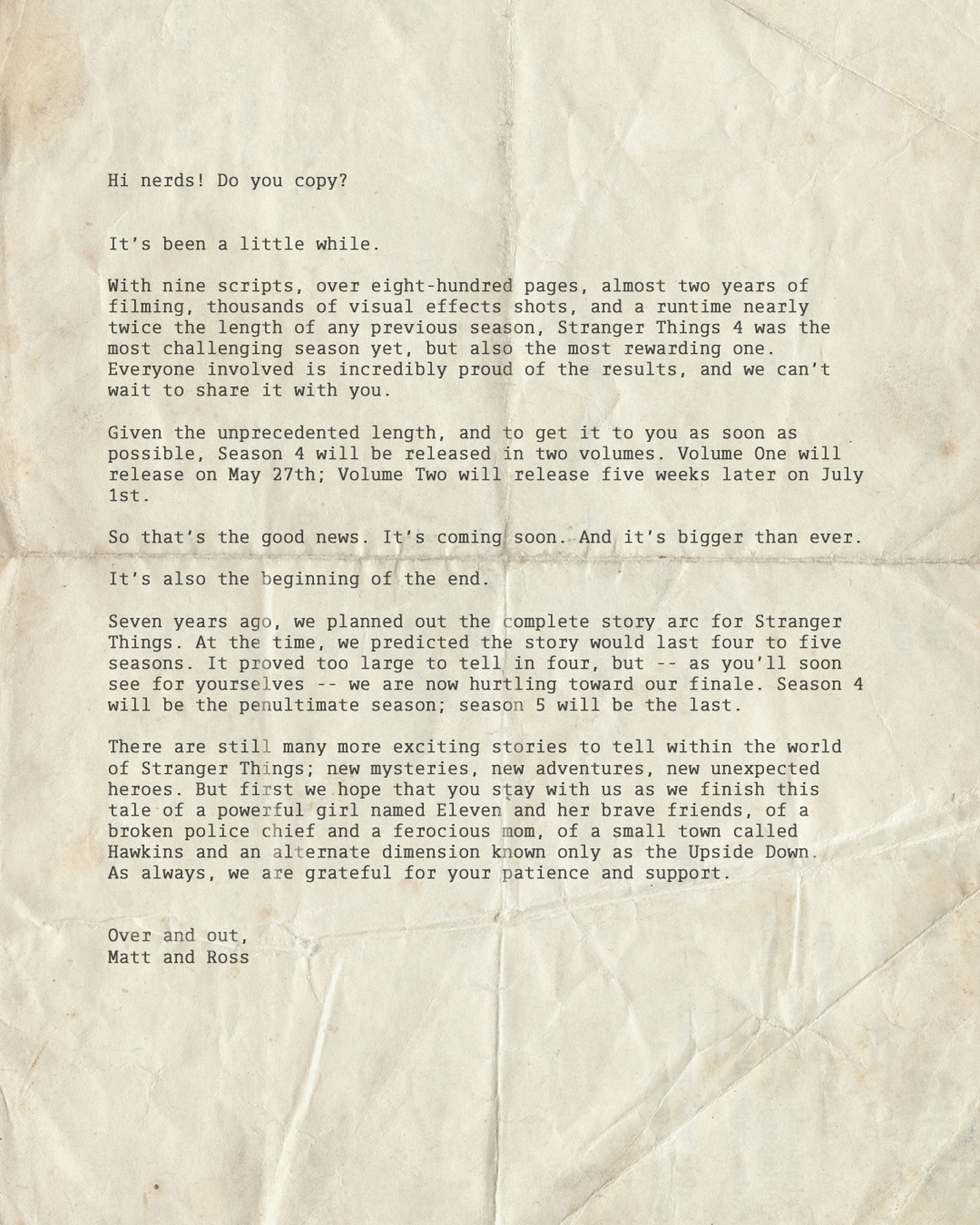 Comunicado oficial de los Hermanos Duffer sobre el final de Stranger Things