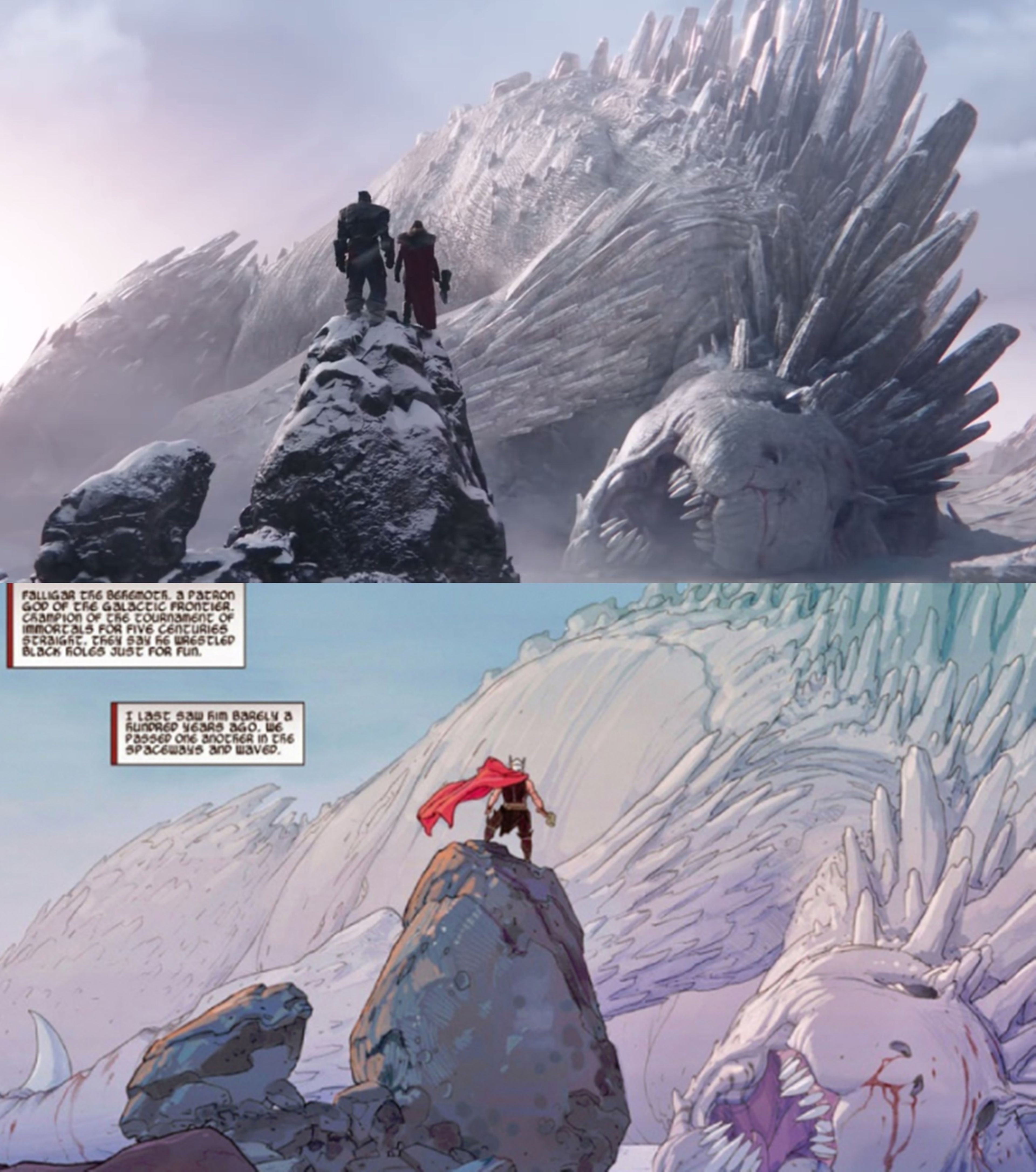 La muerte de Falligar el Gigantesco en Thor: Amor y Trueno y en el cómic de Marvel
