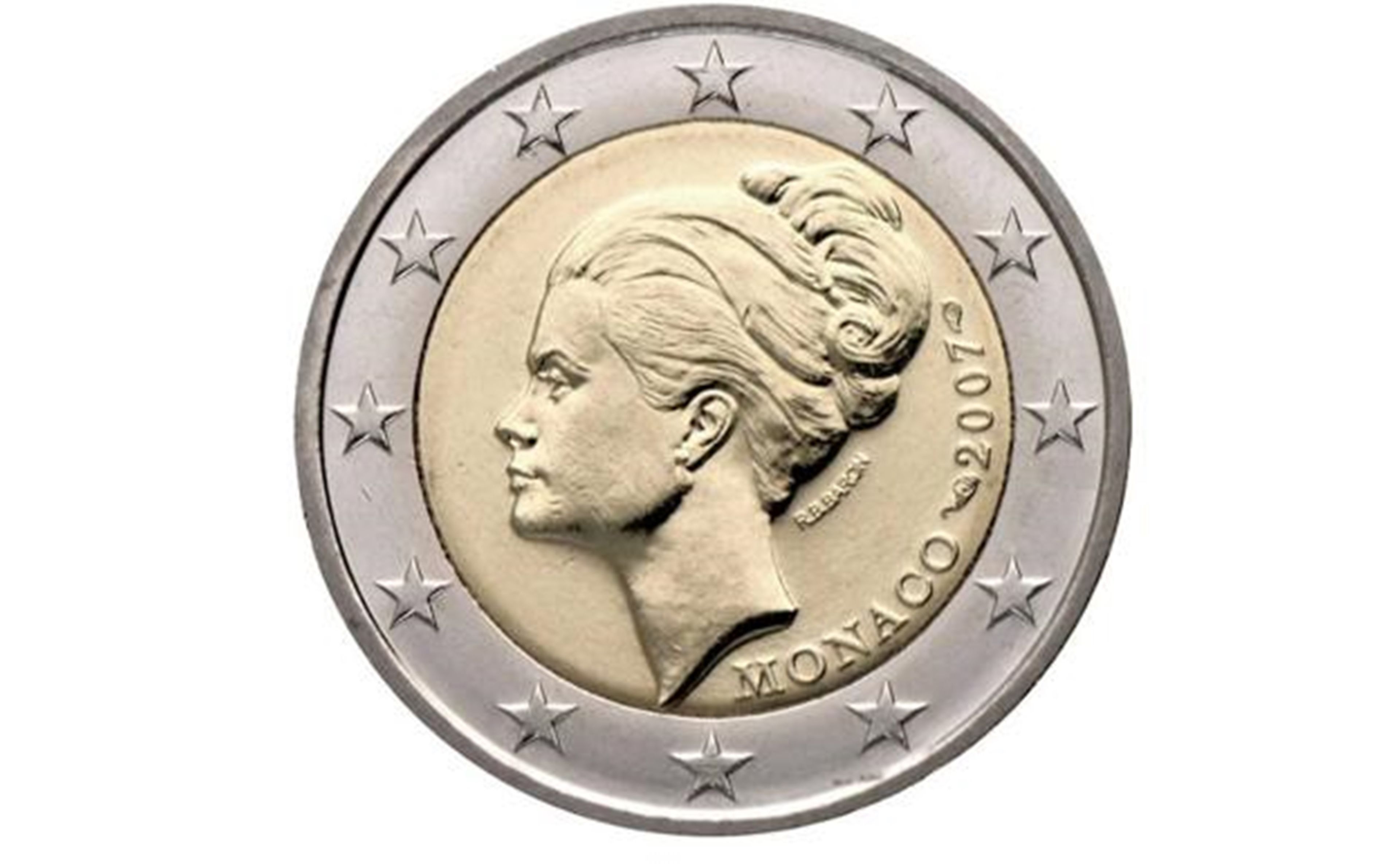 Moneda de 2 euros con el rostro de la Princesa de Mónaco Grace Kelly, la cual cuesta 2.750 euros