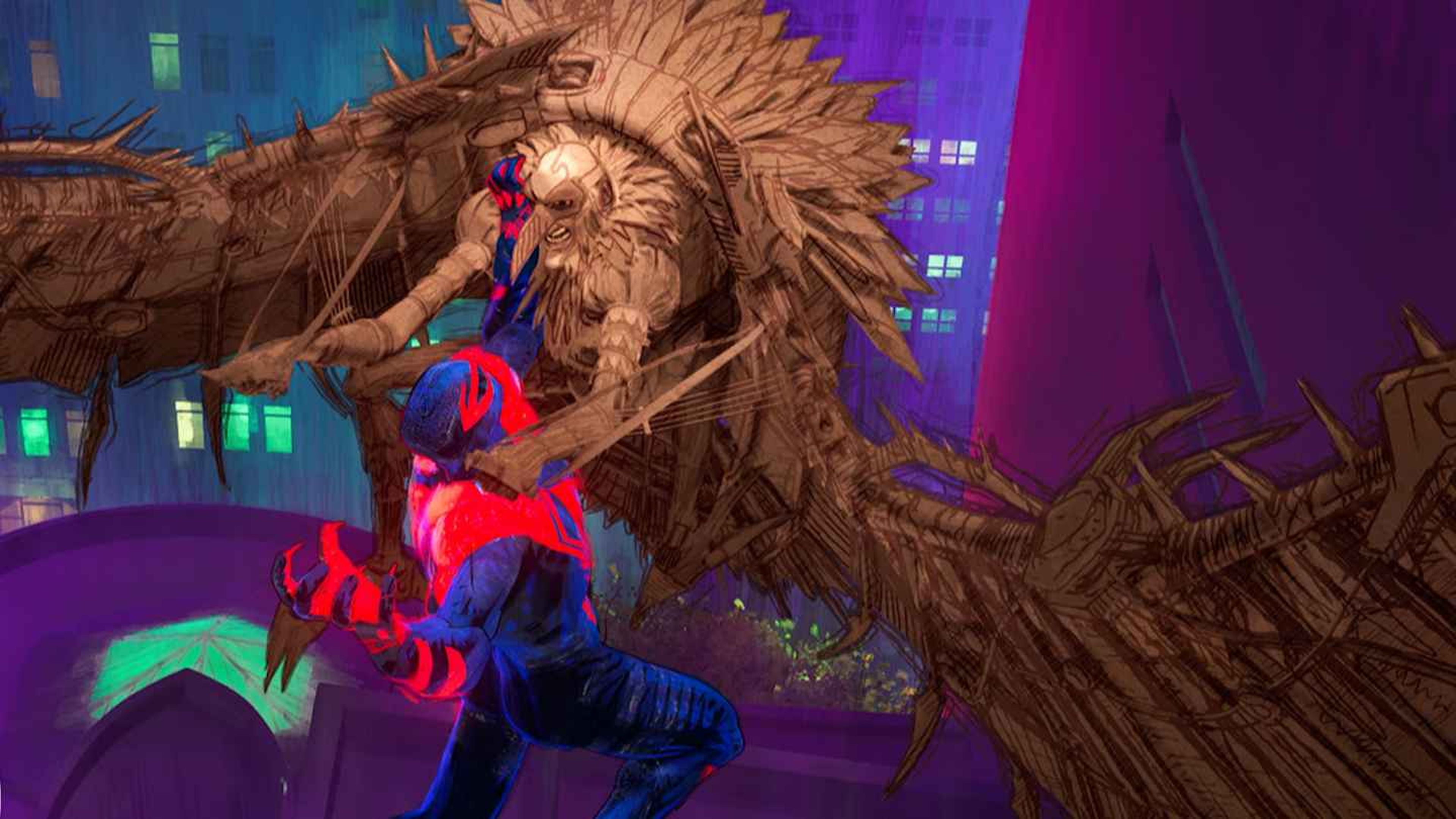 Spider-Man 2099 luchando con el Buitre en Spider-Man: Cruzando el multiverso (2023)