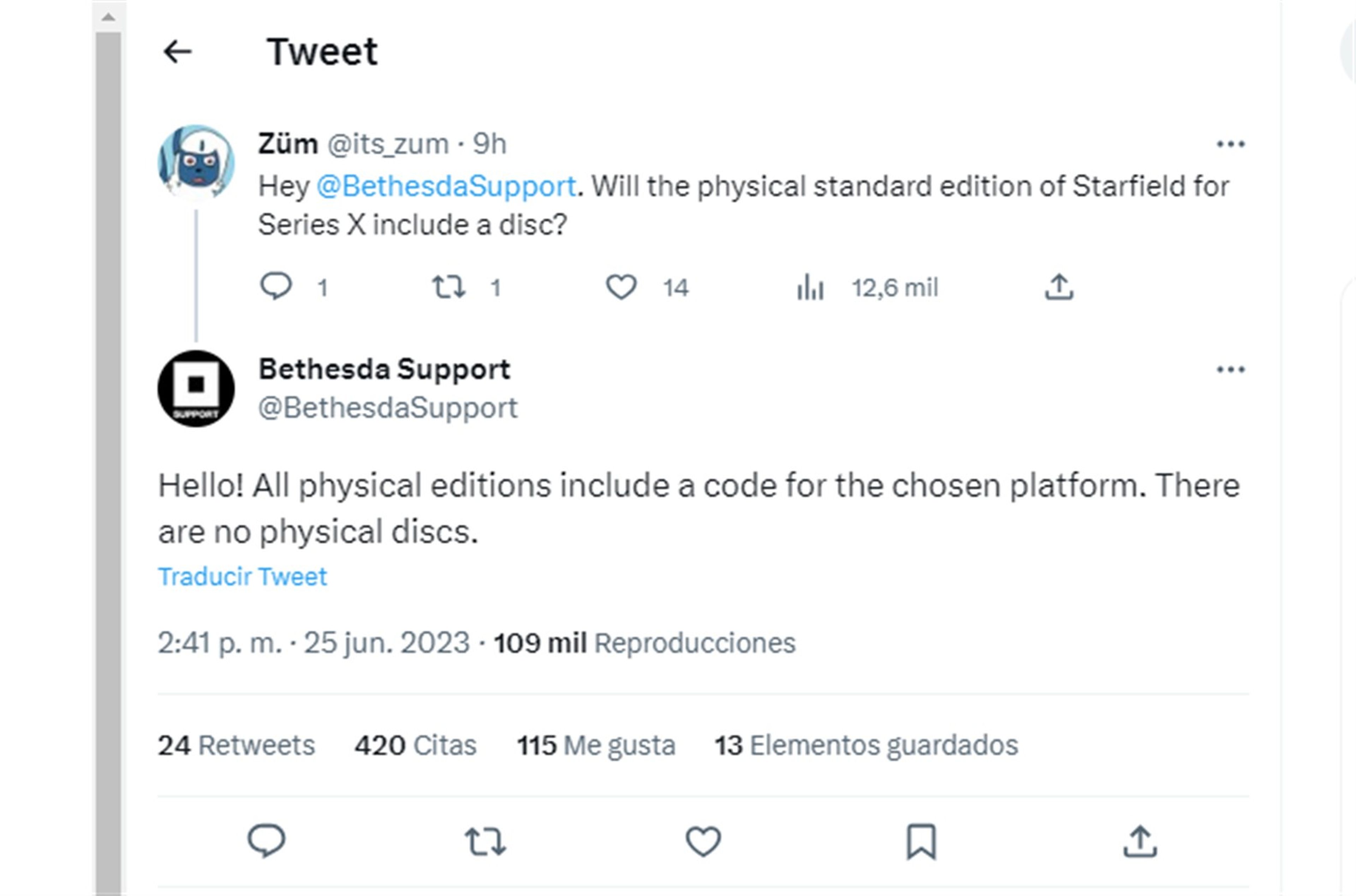 Tuit de Bethesda Support confirmando que Starfield no tiene disco en ninguna versión