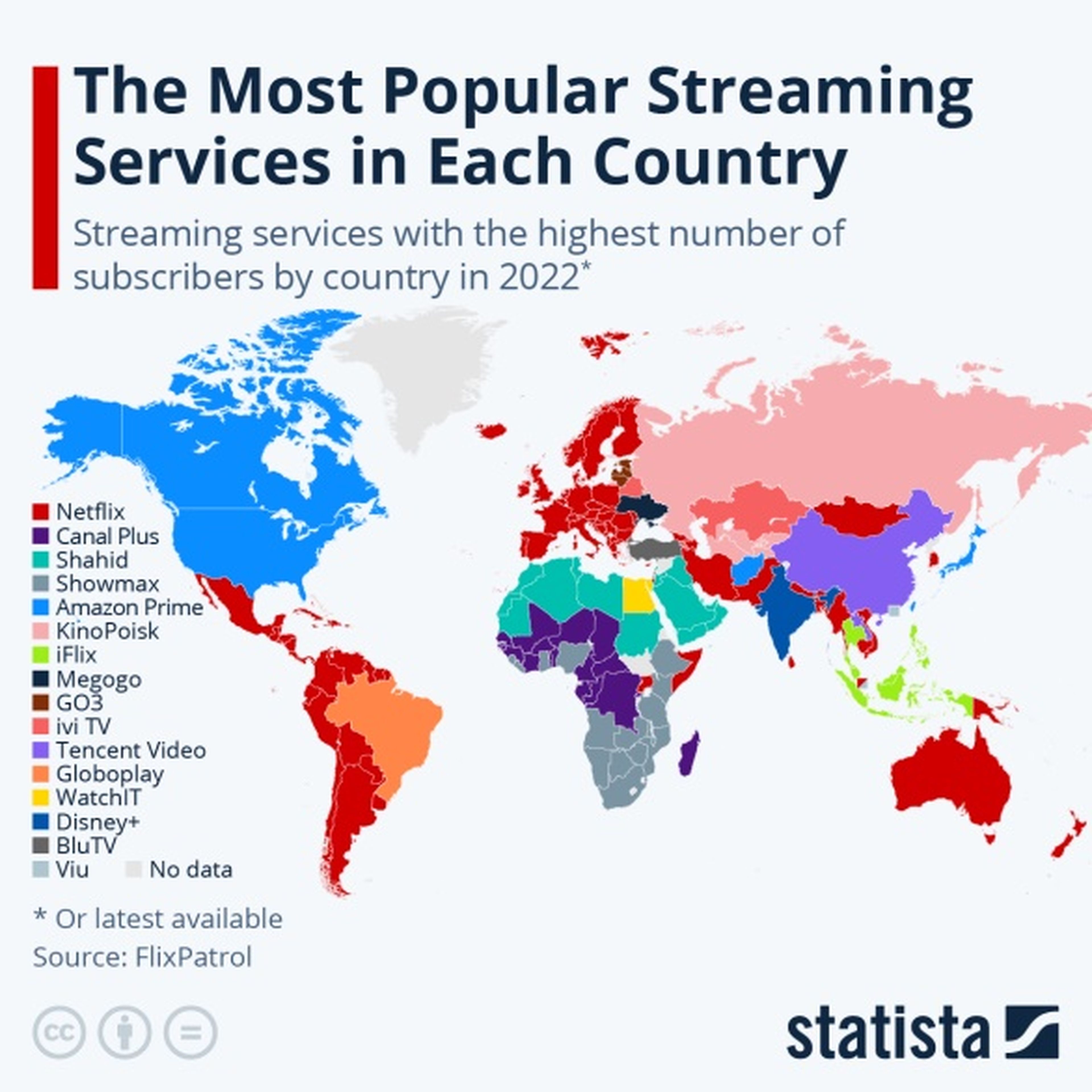Mapa con las plataformas de streaming más populares en cada país