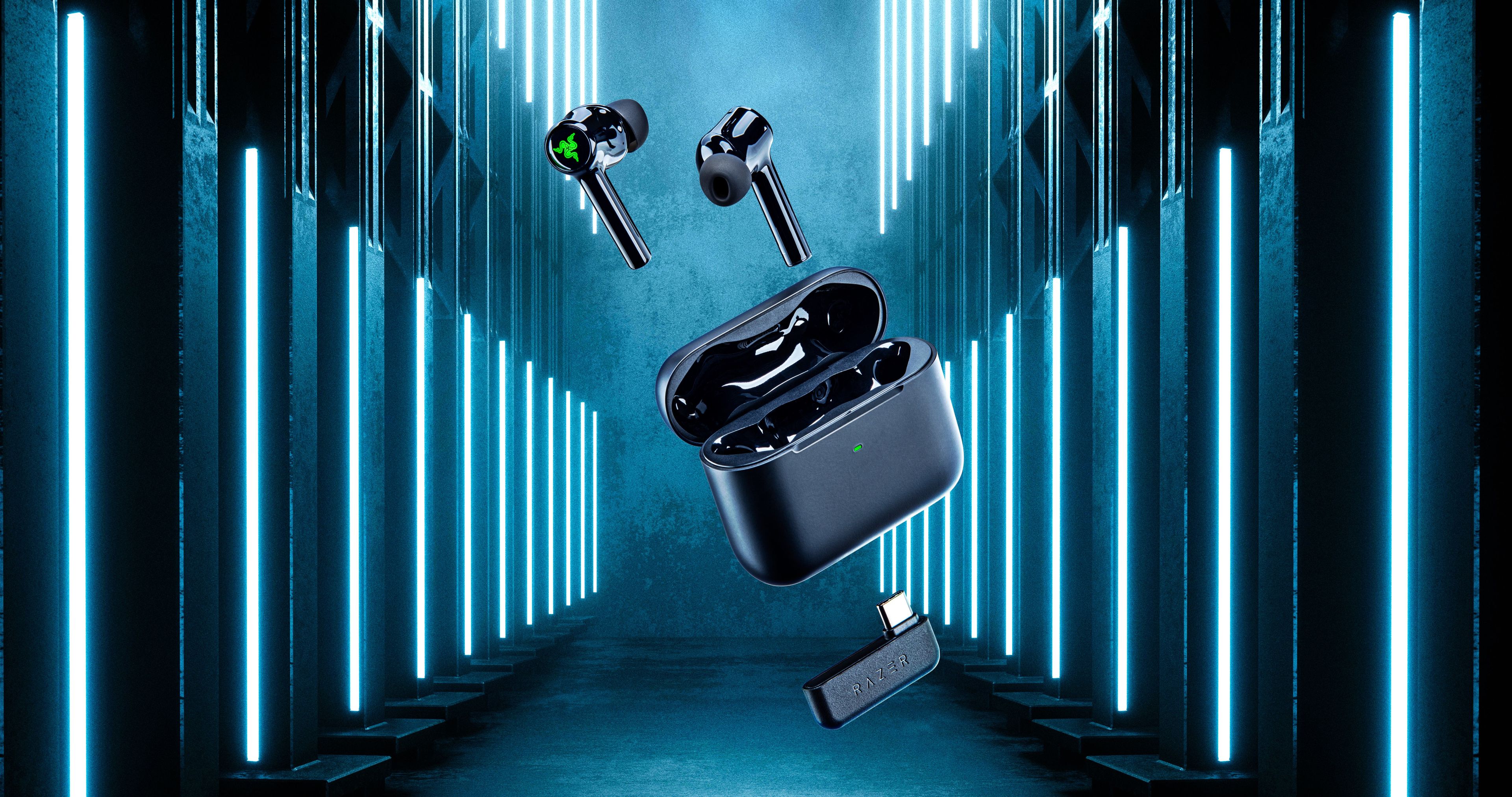 Auriculares in-ear gamer inalámbricos Razer Hammerhead True Wireless X  negro con luz verde LED