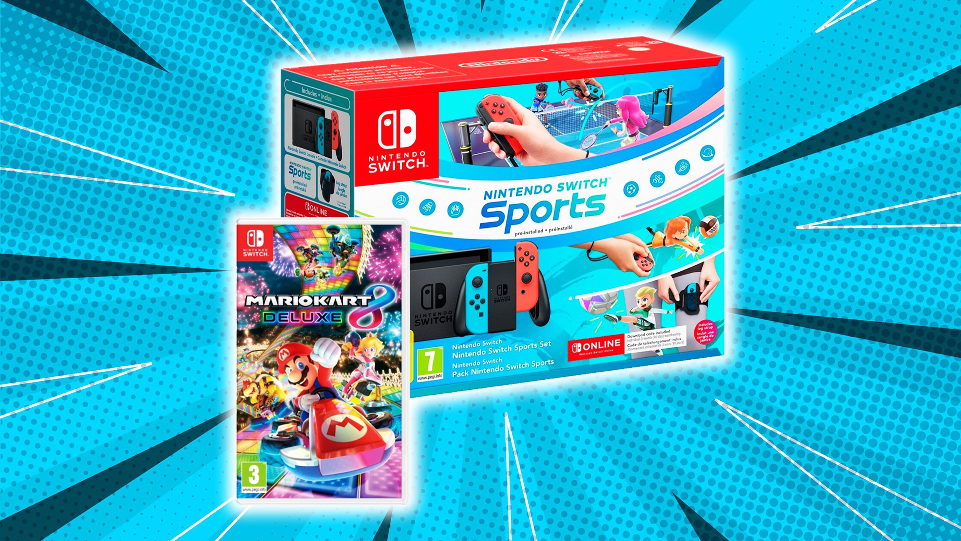 Consola Switch Neón con Switch Sports + Cinta pierna + 3 meses Nintendo Switch Online + Mario Kart 8