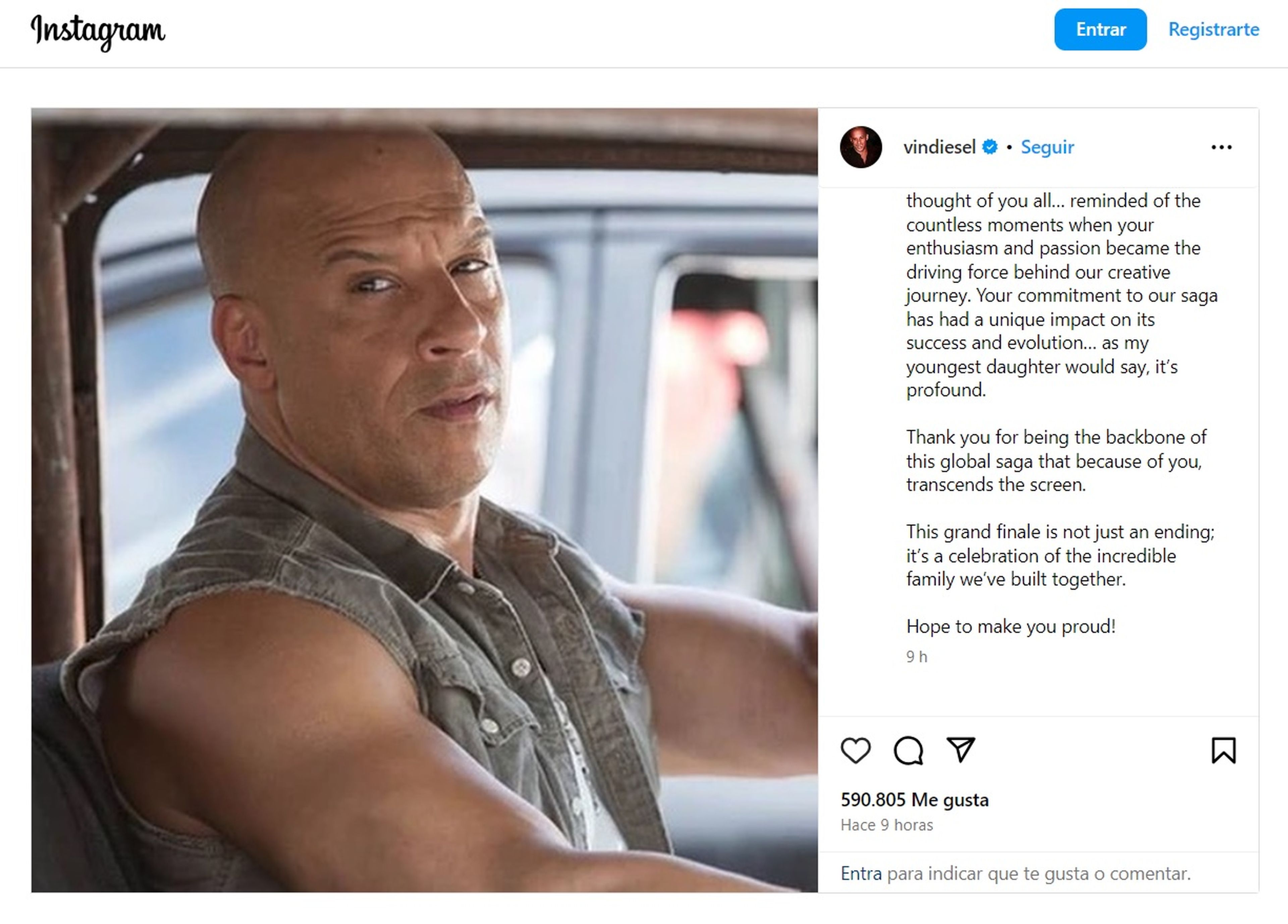 El último mensaje de Vin Diesel parece confirmar el final de Fast & Furious, la famosa saga de películas de A todo gas 