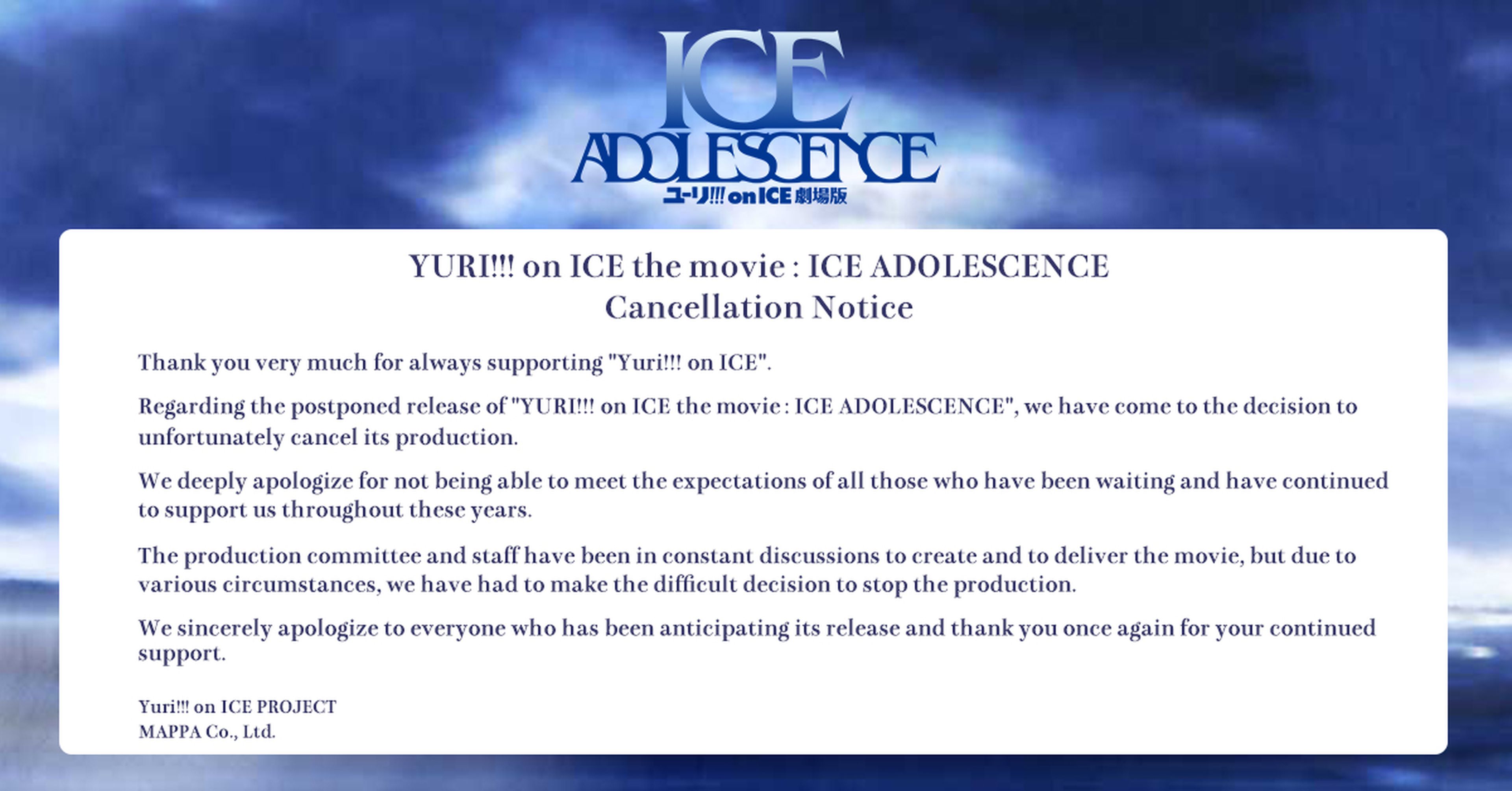 Se cancela la producción de Yuri!!! On Ice the Movie: Ice Adolescence , una de las películas anime más esperadas 