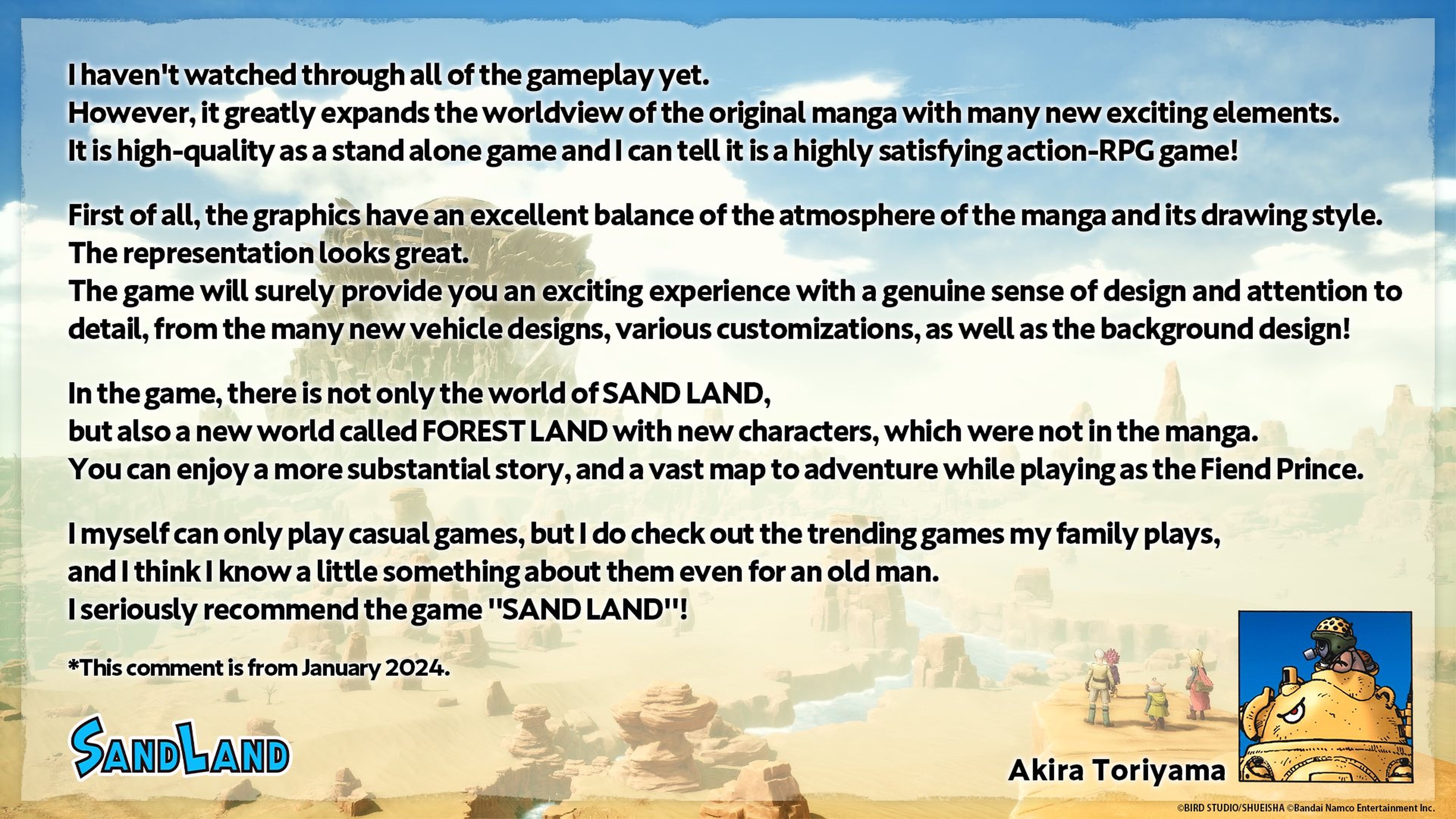 Mensaje de Akira Toriyama por el lanzamiento de Sand Land