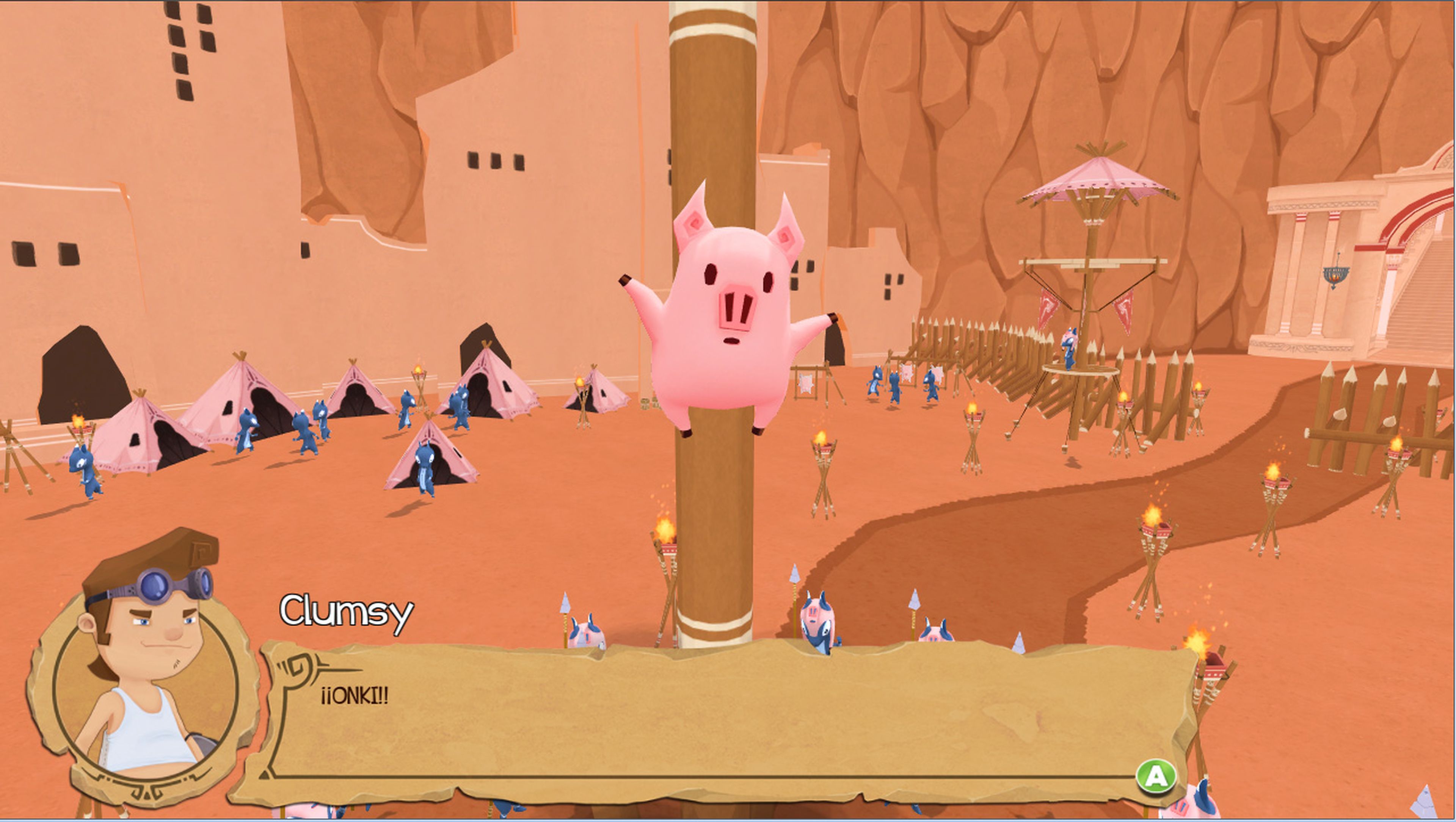 Onki es un cerdo parlante que acompañará a Clumsy a lo largo de su aventura.